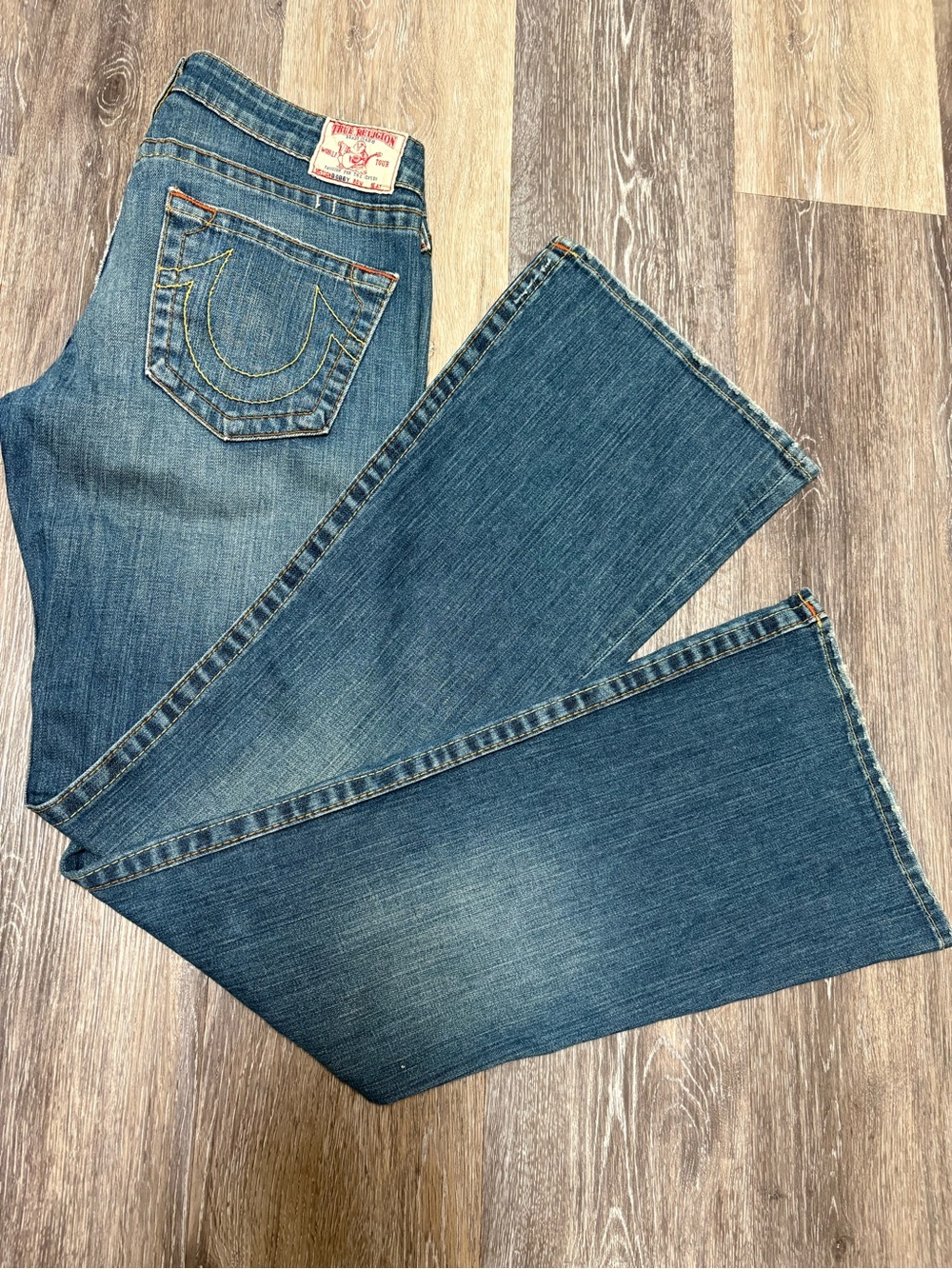 True Religion Women's Blue Flare Jeans with Signature Back Pocket Designer Fit